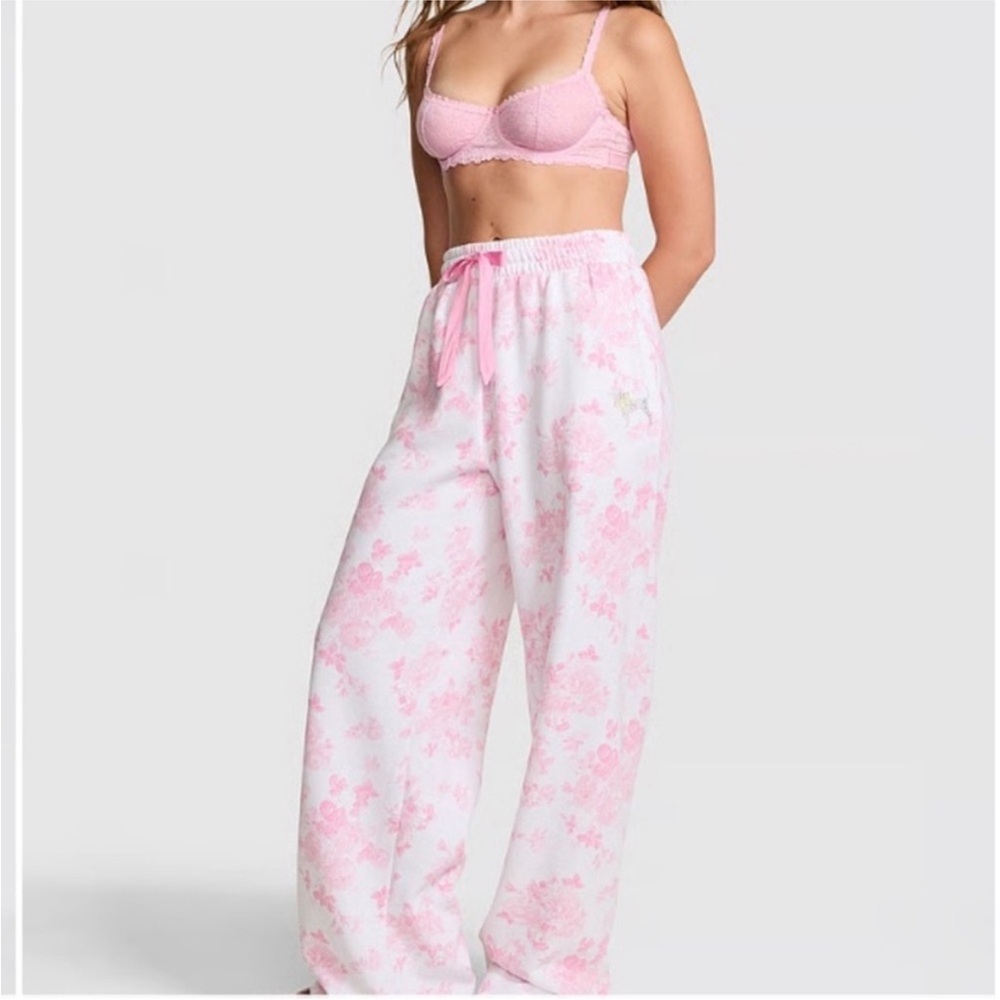 Victorias Secret PINK X LOVESHACKFANCY WIDE-LEG SWEATPANTS Large White Floral
